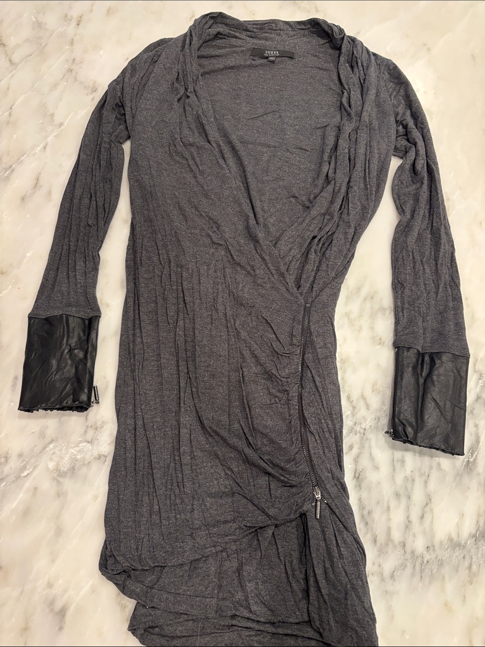 Guess Charcoal Gray Long-Sleeve Wrap Dress with Faux Leather Cuffs